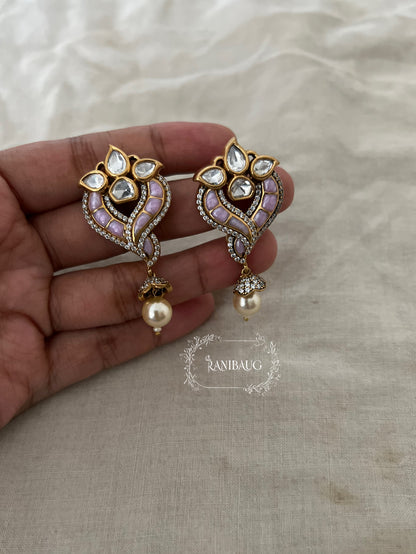 Avira Polki Kundan Enamel Gold Finish Designer Festive Ear Studs With Pearl Dangle By Ranibaug