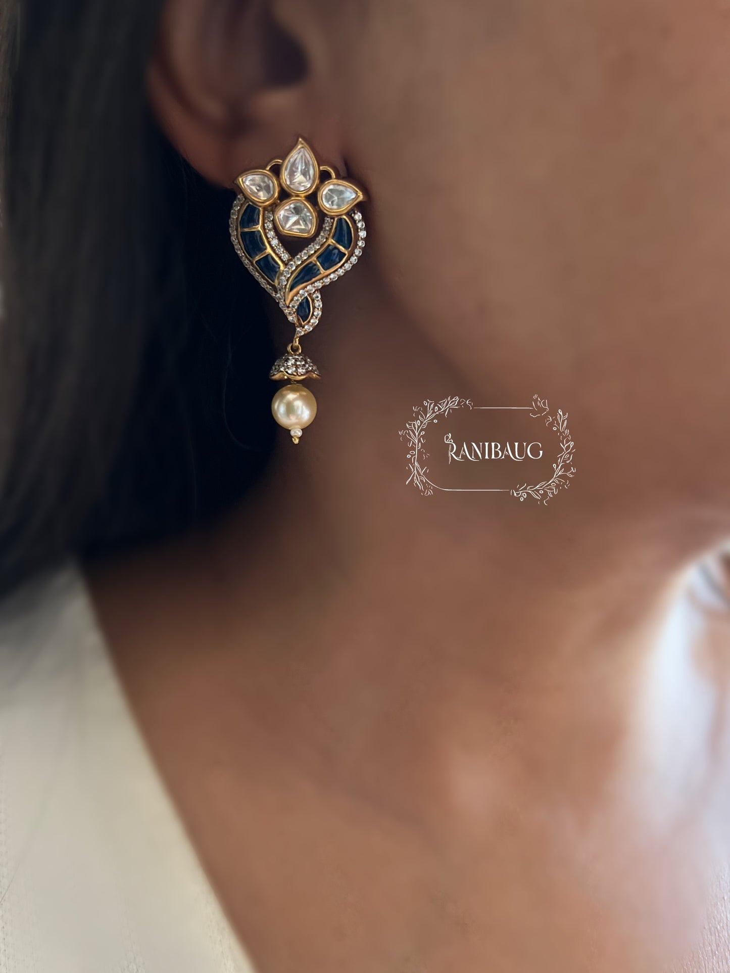 Avira Polki Kundan Enamel Gold Finish Designer Festive Ear Studs With Pearl Dangle By Ranibaug
