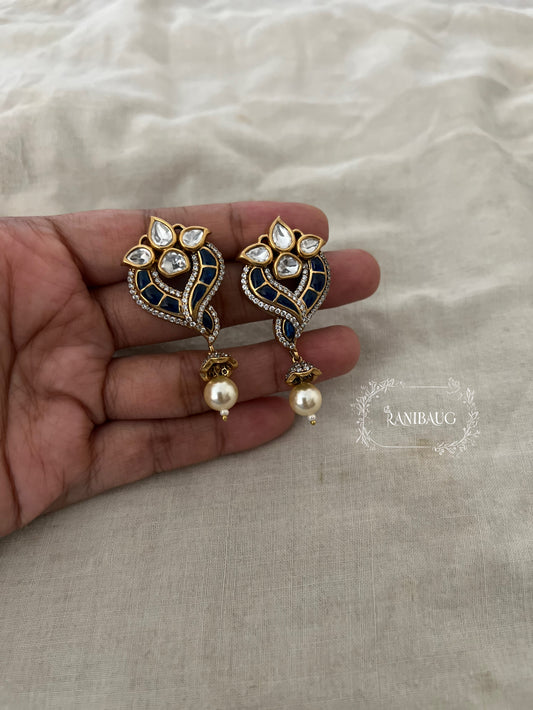 Avira Polki Kundan Enamel Gold Finish Designer Festive Ear Studs With Pearl Dangle By Ranibaug