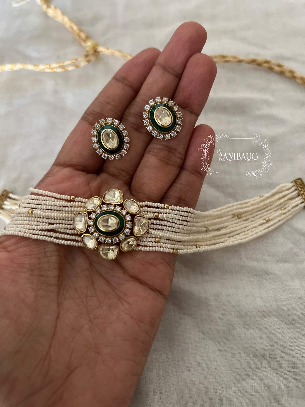 Avisha Mossainite Polki Floral Seed Pearl Strand Choker Set By Ranibaug