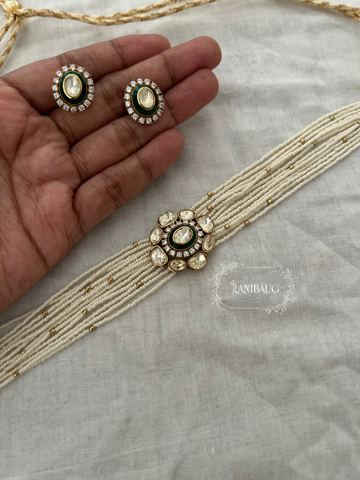 Avisha Mossainite Polki Floral Seed Pearl Strand Choker Set By Ranibaug