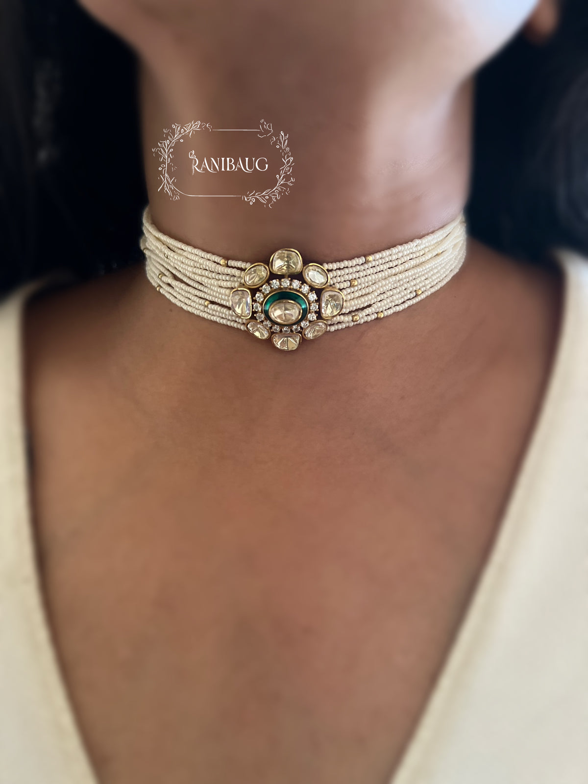 Avisha Mossainite Polki Floral Seed Pearl Strand Choker Set By Ranibaug