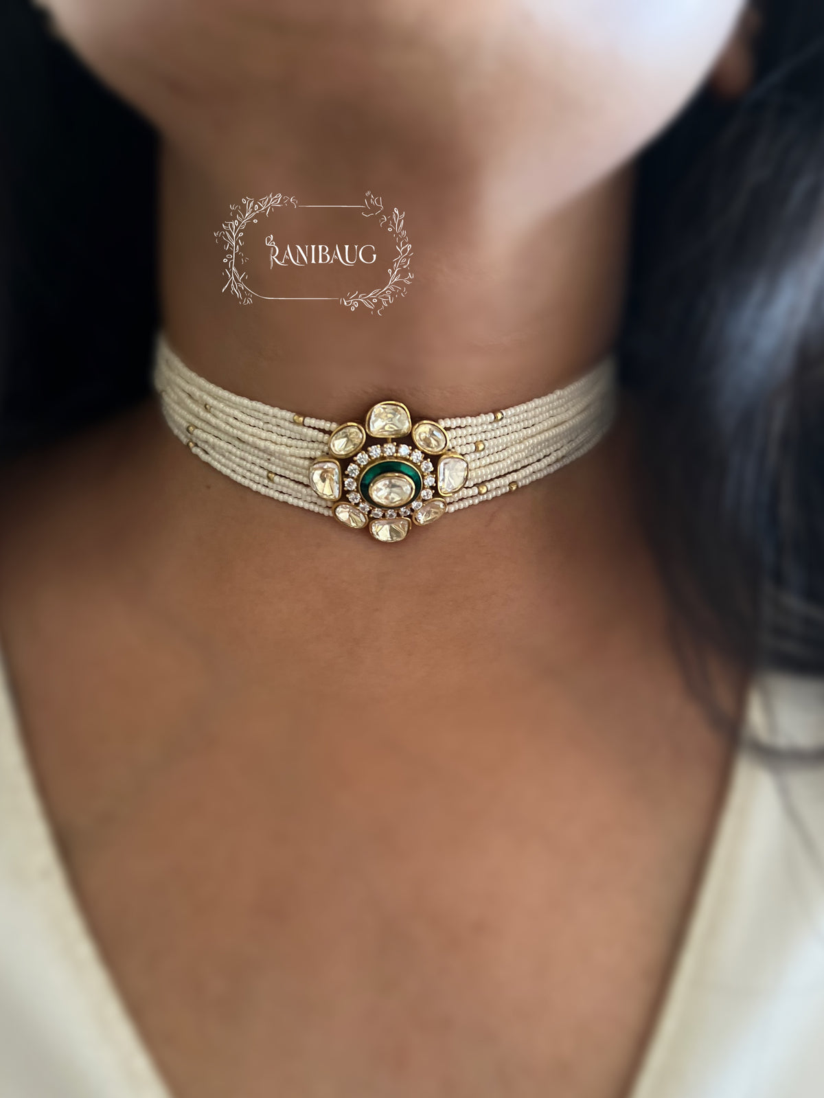 Avisha Mossainite Polki Floral Seed Pearl Strand Choker Set By Ranibaug