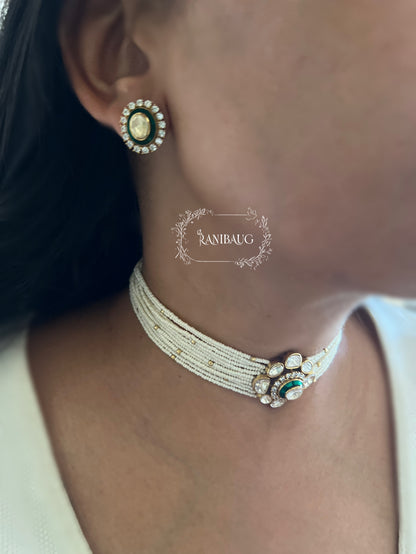 Avisha Mossainite Polki Floral Seed Pearl Strand Choker Set By Ranibaug