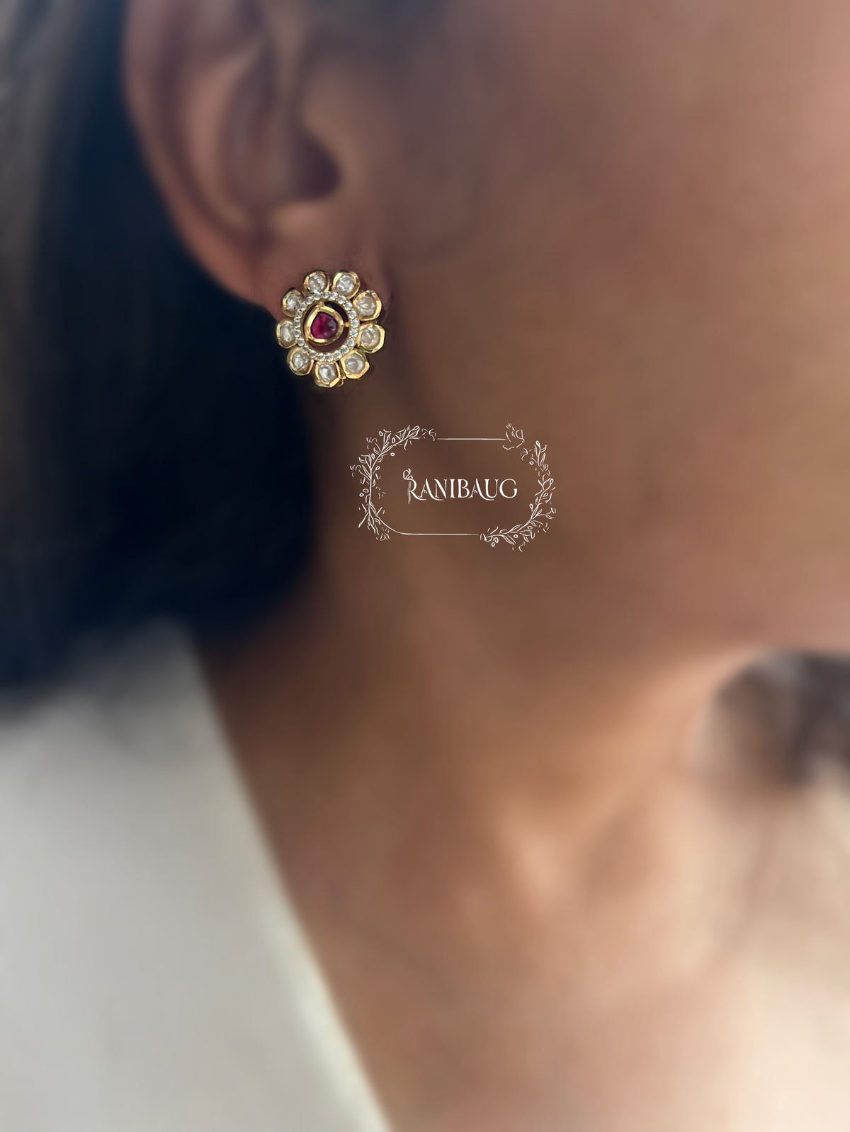 Avya Floral Kundan Motif Gold Finish Minimal Ear Studs By Ranibaug