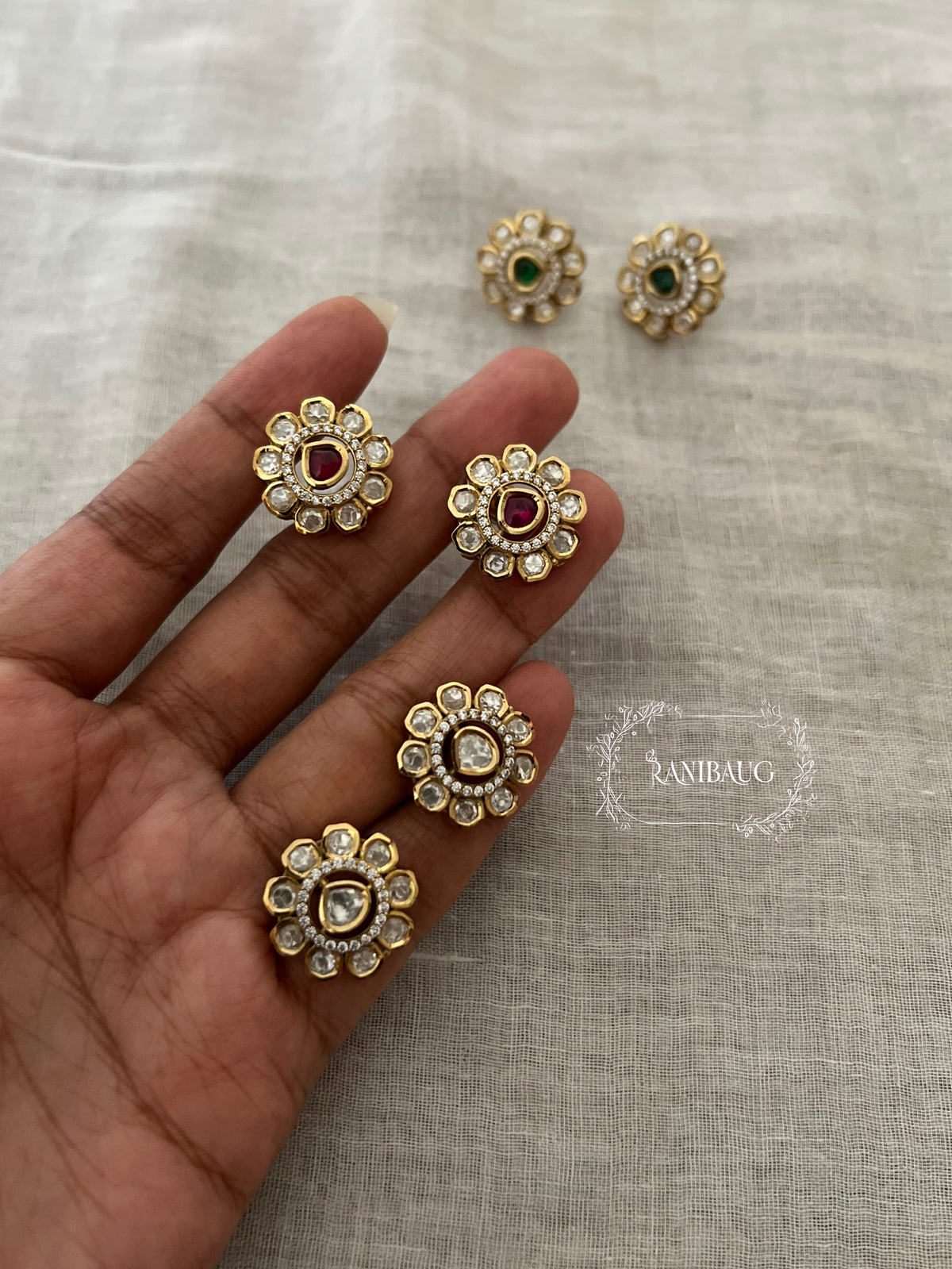 Avya Floral Kundan Motif Gold Finish Minimal Ear Studs By Ranibaug