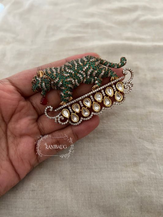 Baagh Royale Antique Gold Tone Polki And Gemstones Studded Royal Fashion Brooch Jewellery By Ranibaug