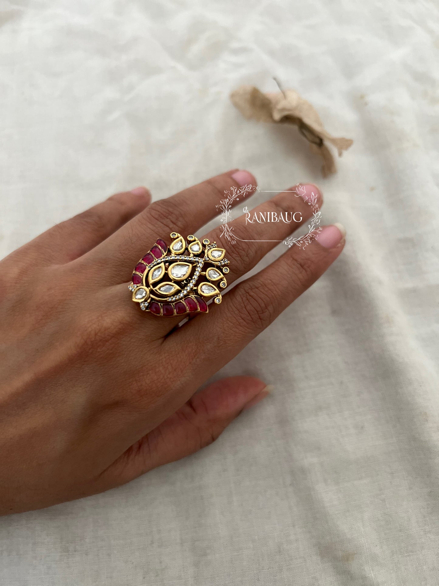 Baani Premium Enamel Gold Plated Kundan Rings By Ranibaug