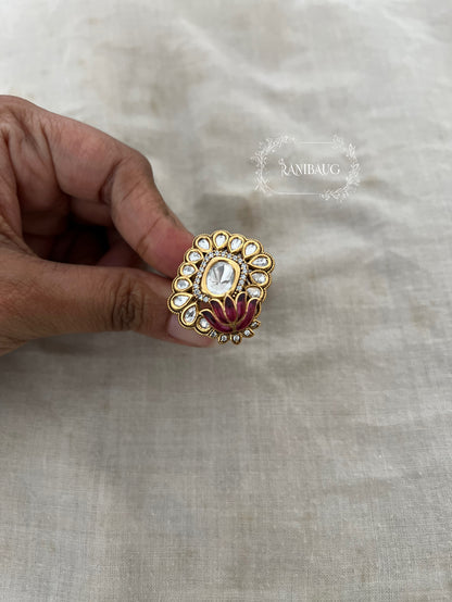 Bahaar Lotus Enamel Polki Studded Gold Finish Ring Jewelry By Ranibaug