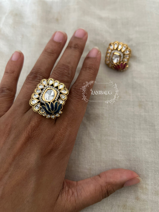 Bahaar Lotus Enamel Polki Studded Gold Finish Ring Jewelry By Ranibaug