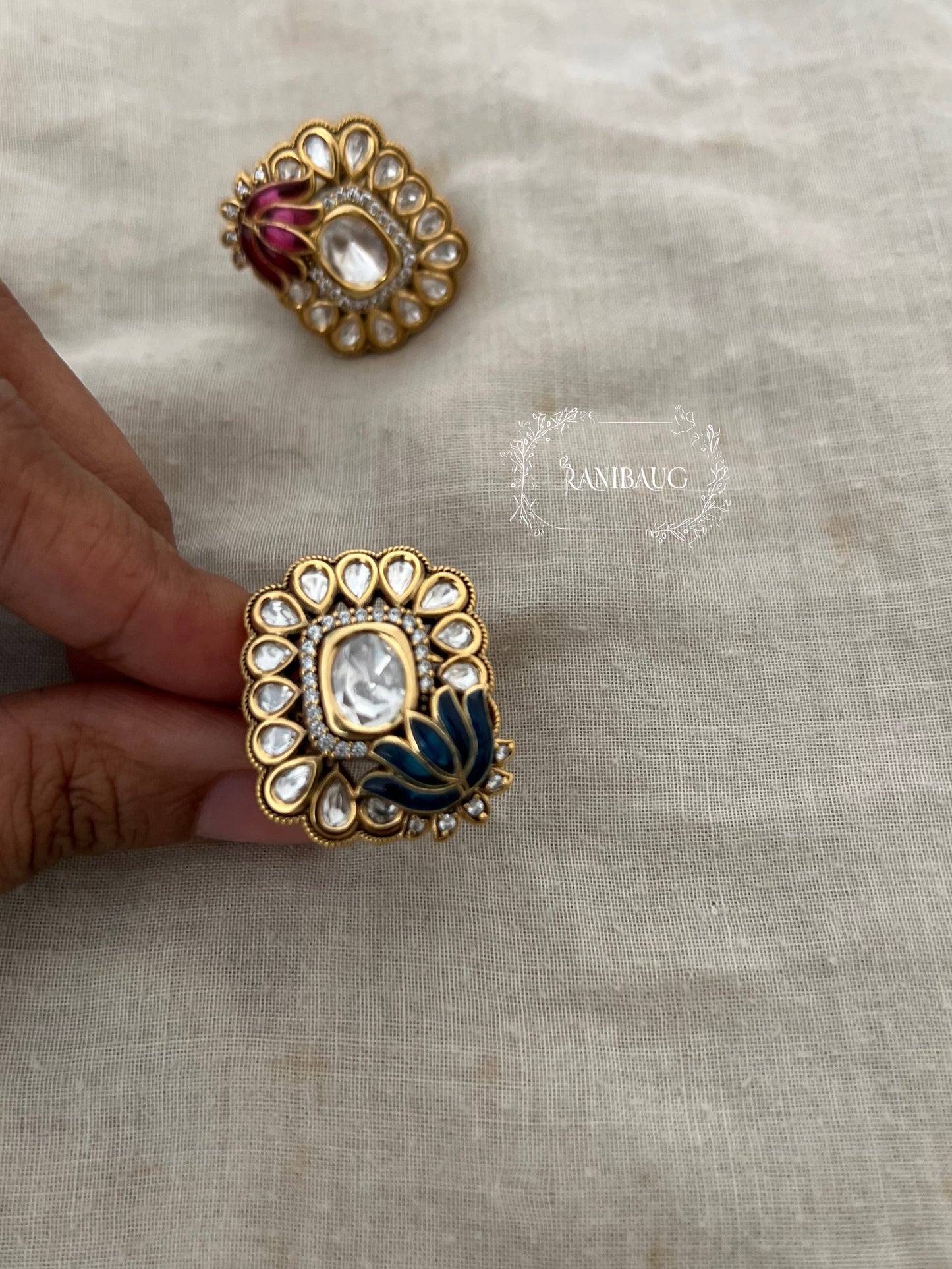 Bahaar Lotus Enamel Polki Studded Gold Finish Ring Jewelry By Ranibaug