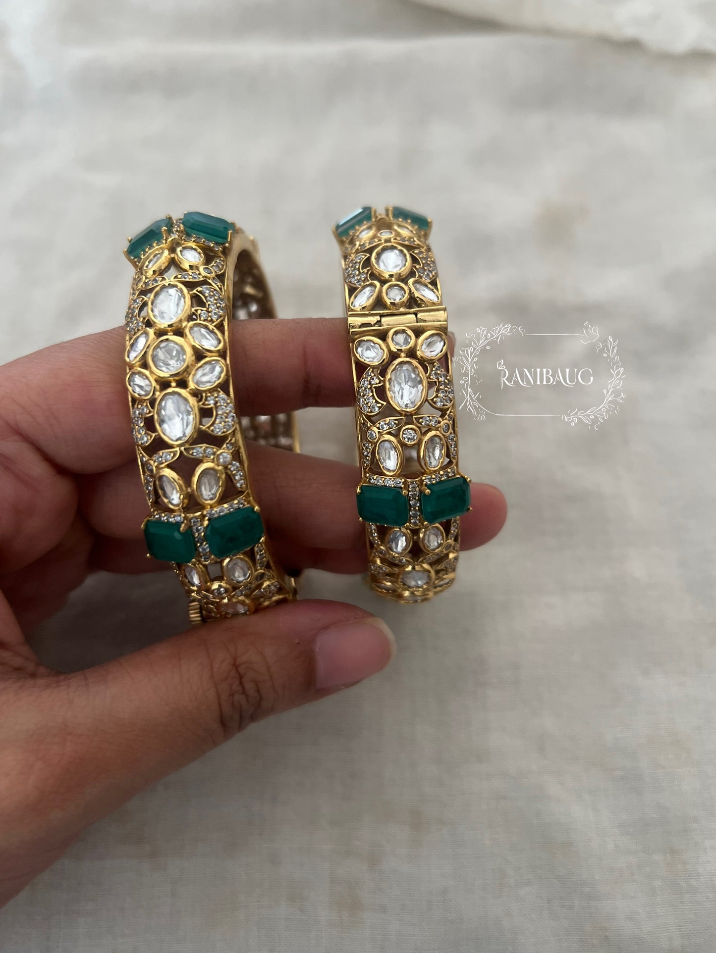 Banshi Emerald Green Accent Polki Victorian Bangles By Ranibaug