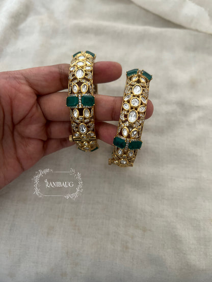 Banshi Emerald Green Accent Polki Victorian Bangles By Ranibaug