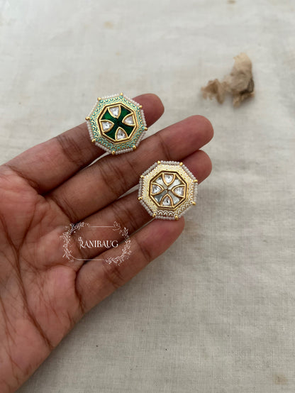 Bansi Octagonal Shield Ring with Hidden Meenakari Shank | Geometric Polki Finger Ring