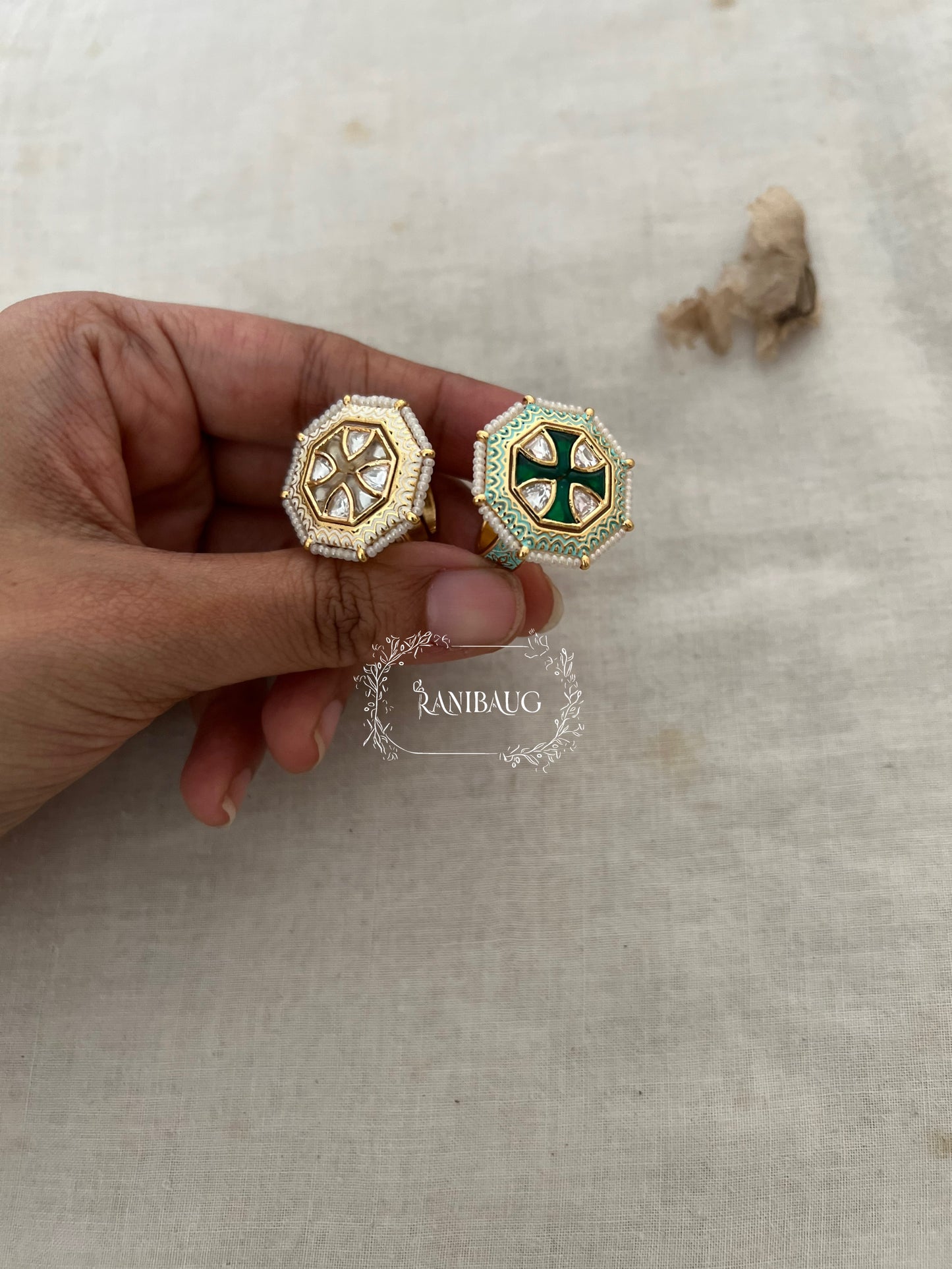 Bansi Octagonal Shield Ring with Hidden Meenakari Shank | Geometric Polki Finger Ring