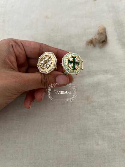 Bansi Octagonal Shield Ring with Hidden Meenakari Shank | Geometric Polki Finger Ring