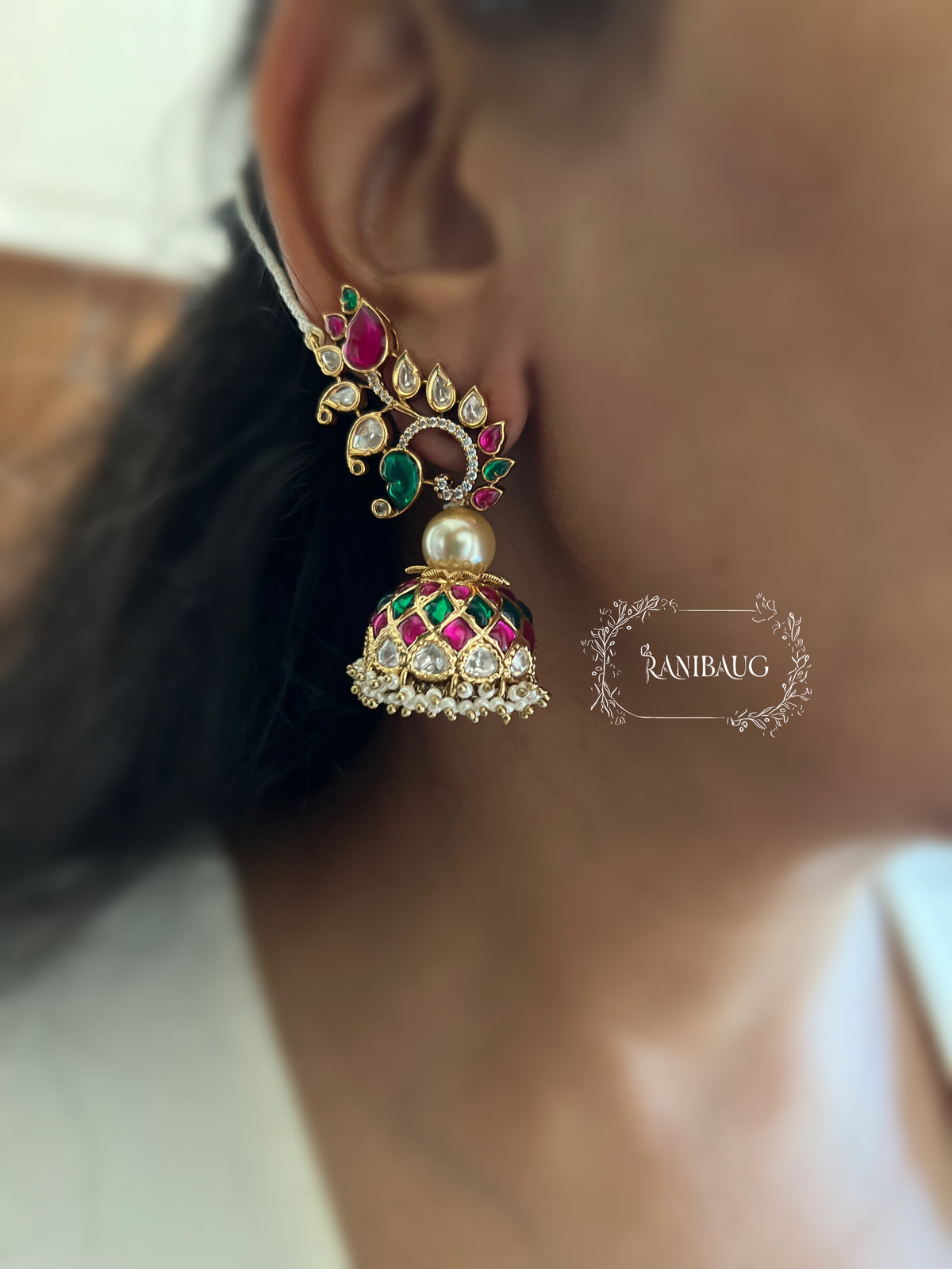 Bansi Peacock Motif Jhumki Drop Seed Pearl Hair Chain Earrings By Ranibaug