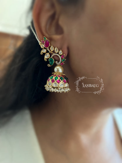 Bansi Peacock Motif Jhumki Drop Seed Pearl Hair Chain Earrings By Ranibaug