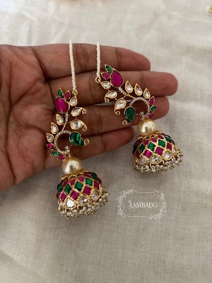 Bansi Peacock Motif Jhumki Drop Seed Pearl Hair Chain Earrings By Ranibaug