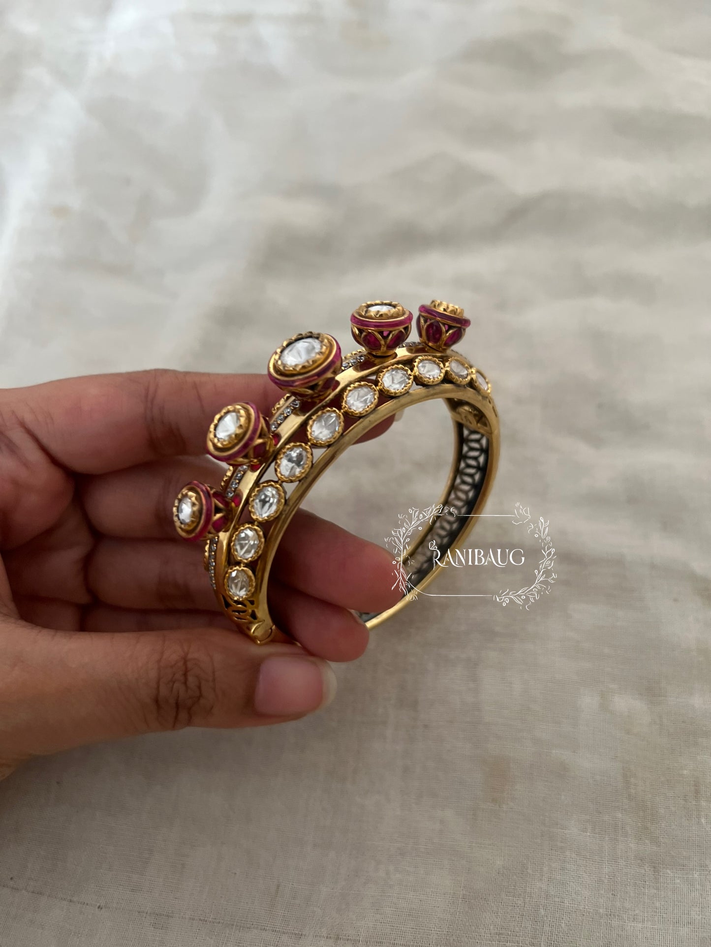 Barsana Heirloom Unique Rich Gold Finish Mossainite Kundan Studded Bangle By Ranibaug