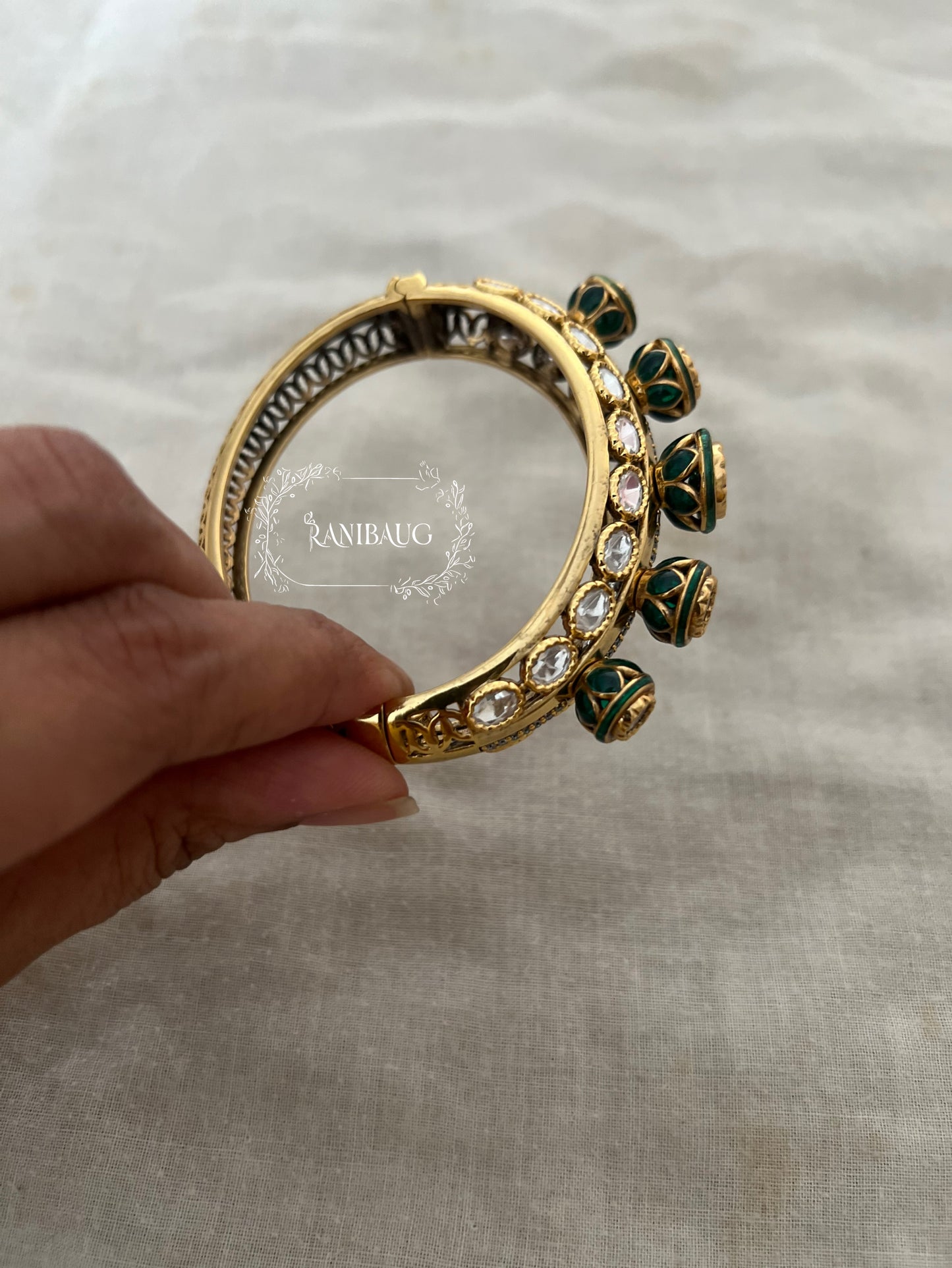 Barsana Heirloom Unique Rich Gold Finish Mossainite Kundan Studded Bangle By Ranibaug
