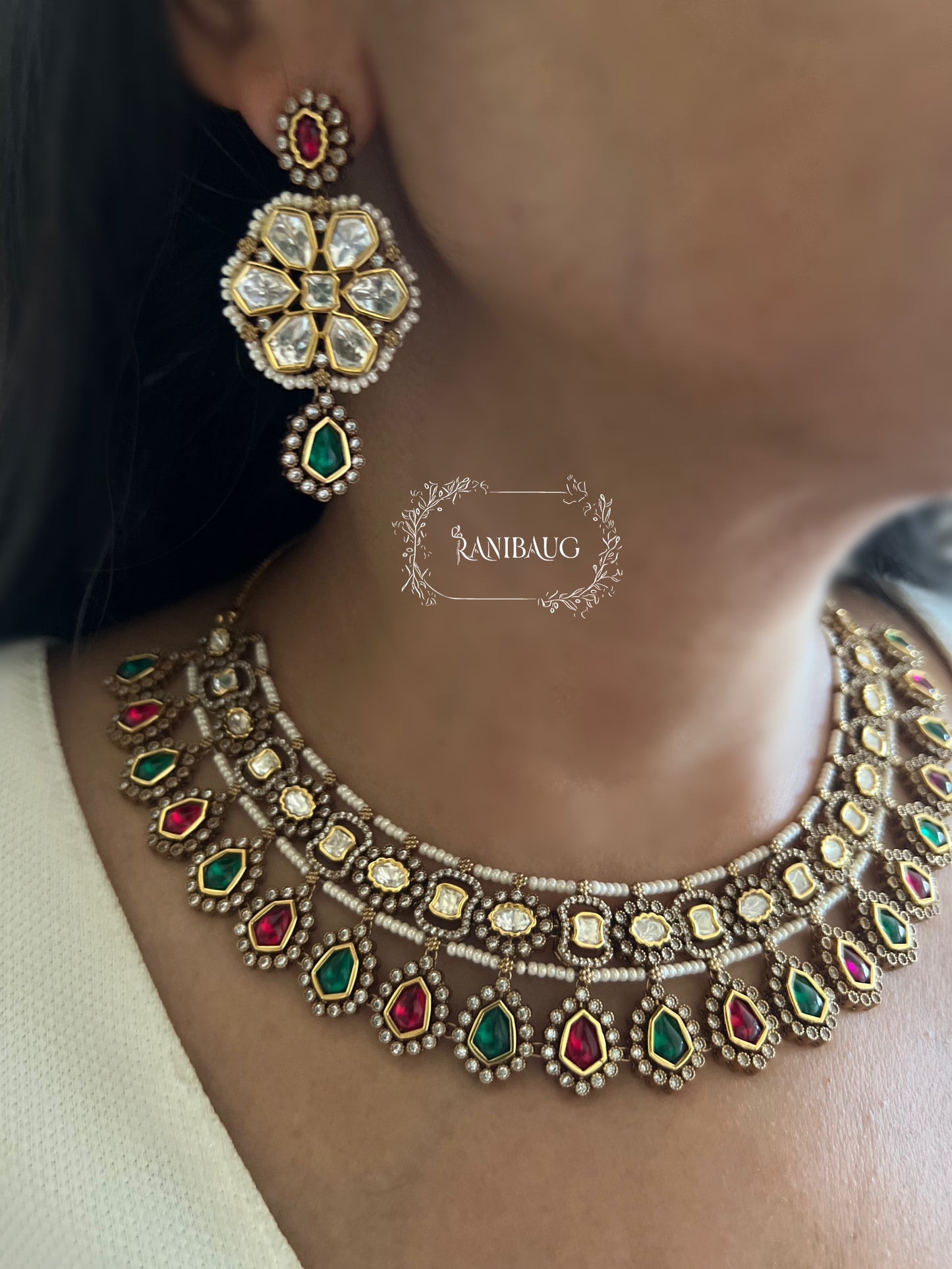 Bela Mossainite Stone Floral Motif Royal Victorian Jewellery Set By Ranibaug | Designer Jewellery 2025 | Wedding Multicolor Jjewellery