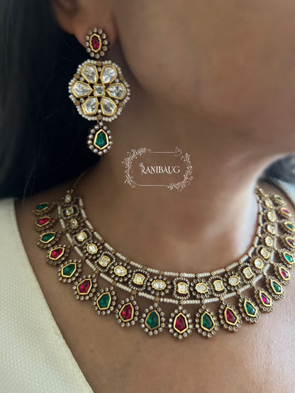 Bela Mossainite Stone Floral Motif Royal Victorian Jewellery Set By Ranibaug | Designer Jewellery 2025 | Wedding Multicolor Jjewellery