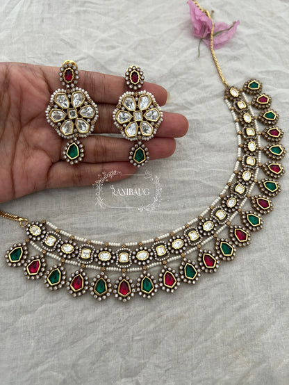 Bela Mossainite Stone Floral Motif Royal Victorian Jewellery Set By Ranibaug | Designer Jewellery 2025 | Wedding Multicolor Jjewellery