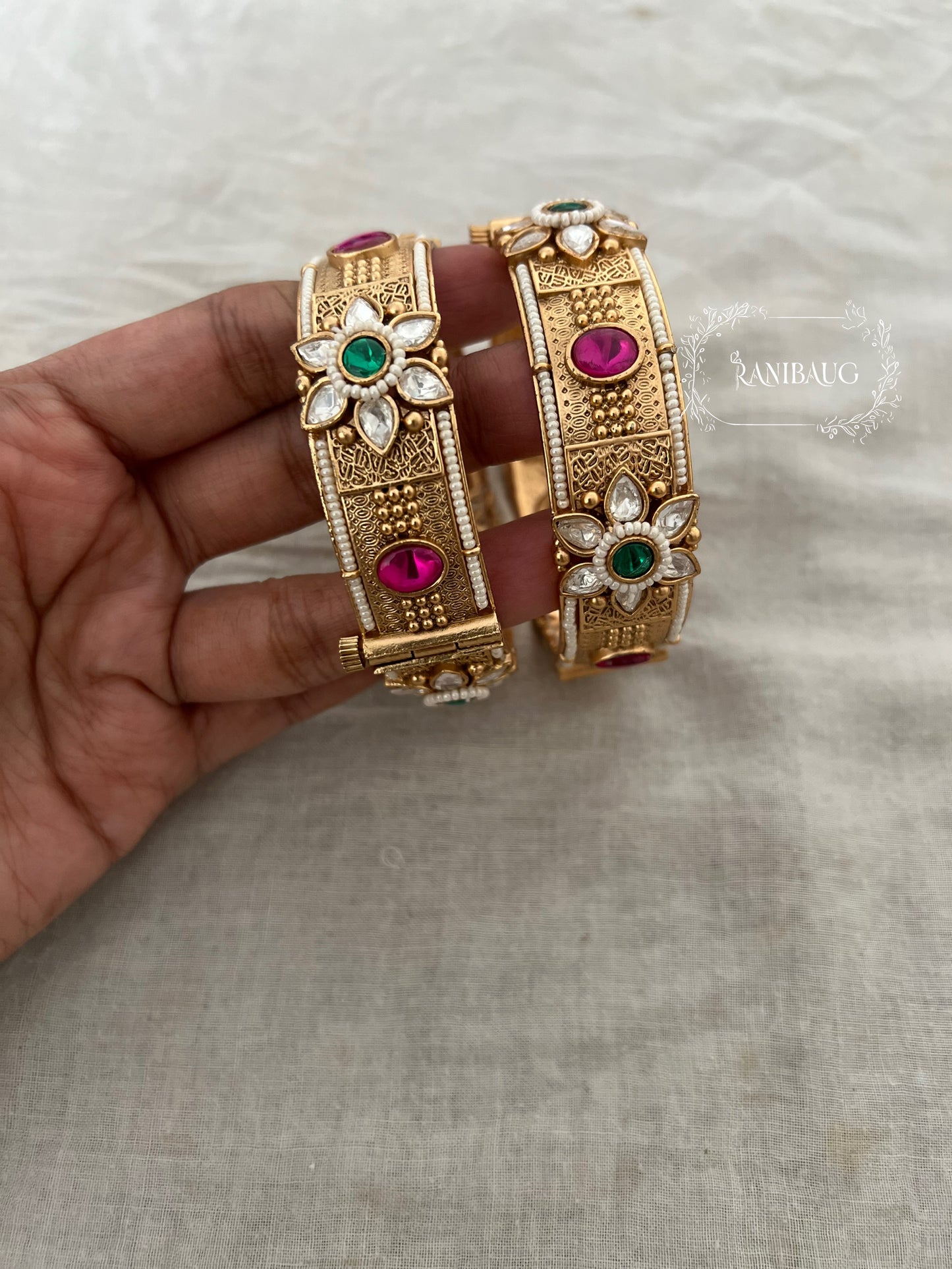 Bhairavi Kundan Flower Motif Antique Bangles By Ranibaug