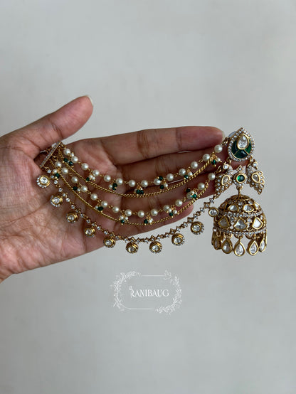 Bharti Peacock Motif Bahubali Jhumka With Hair Chain | Gold Plated Polki Kundan Hair And Ear Jewelry By Ranibaug | 2026 Jewelry Trends