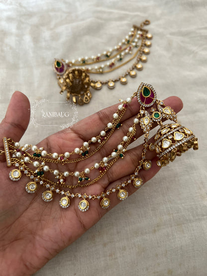 Bharti Peacock Motif Bahubali Jhumka With Hair Chain | Gold Plated Polki Kundan Hair And Ear Jewelry By Ranibaug | 2026 Jewelry Trends