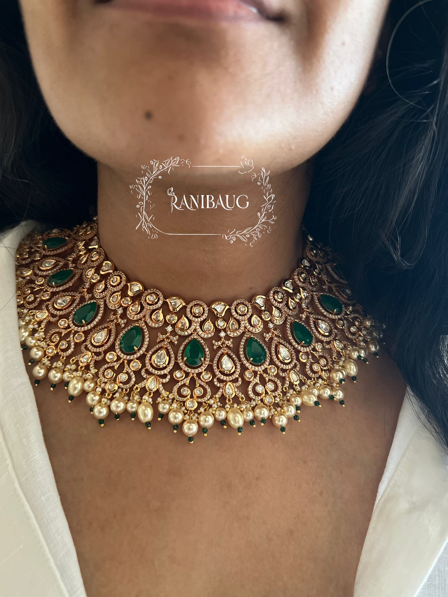 Bhavani Indian Green Emerald Rich Gold Finish Jewellery Set With Pearl Danglers For Wedding By Ranibaug