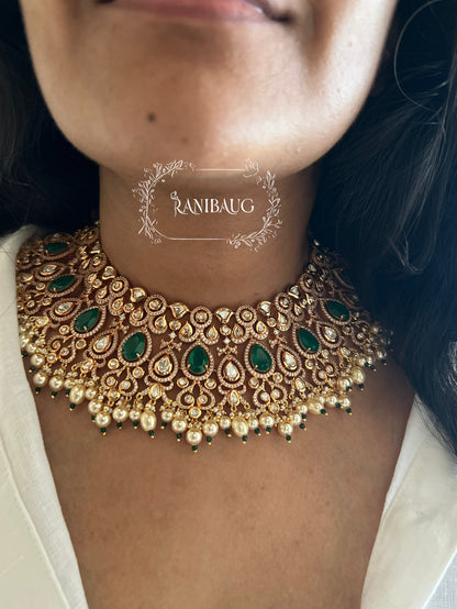 Bhavani Indian Green Emerald Rich Gold Finish Jewellery Set With Pearl Danglers For Wedding By Ranibaug