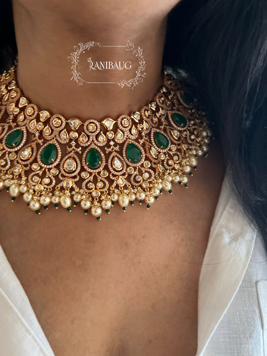 Bhavani Indian Green Emerald Rich Gold Finish Jewellery Set With Pearl Danglers For Wedding By Ranibaug