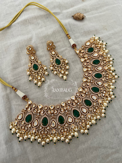 Bhavani Indian Green Emerald Rich Gold Finish Jewellery Set With Pearl Danglers For Wedding By Ranibaug