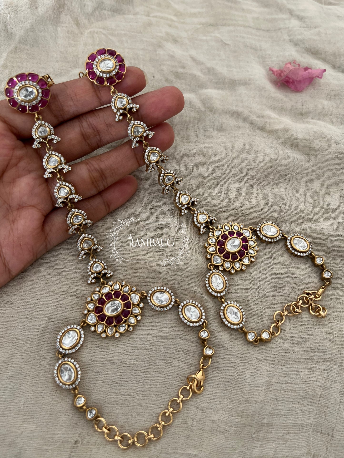 Bhavi Mossainite Polki Kundan Wedding Wear Premium Gold Finish Hathphool | Ranibaug