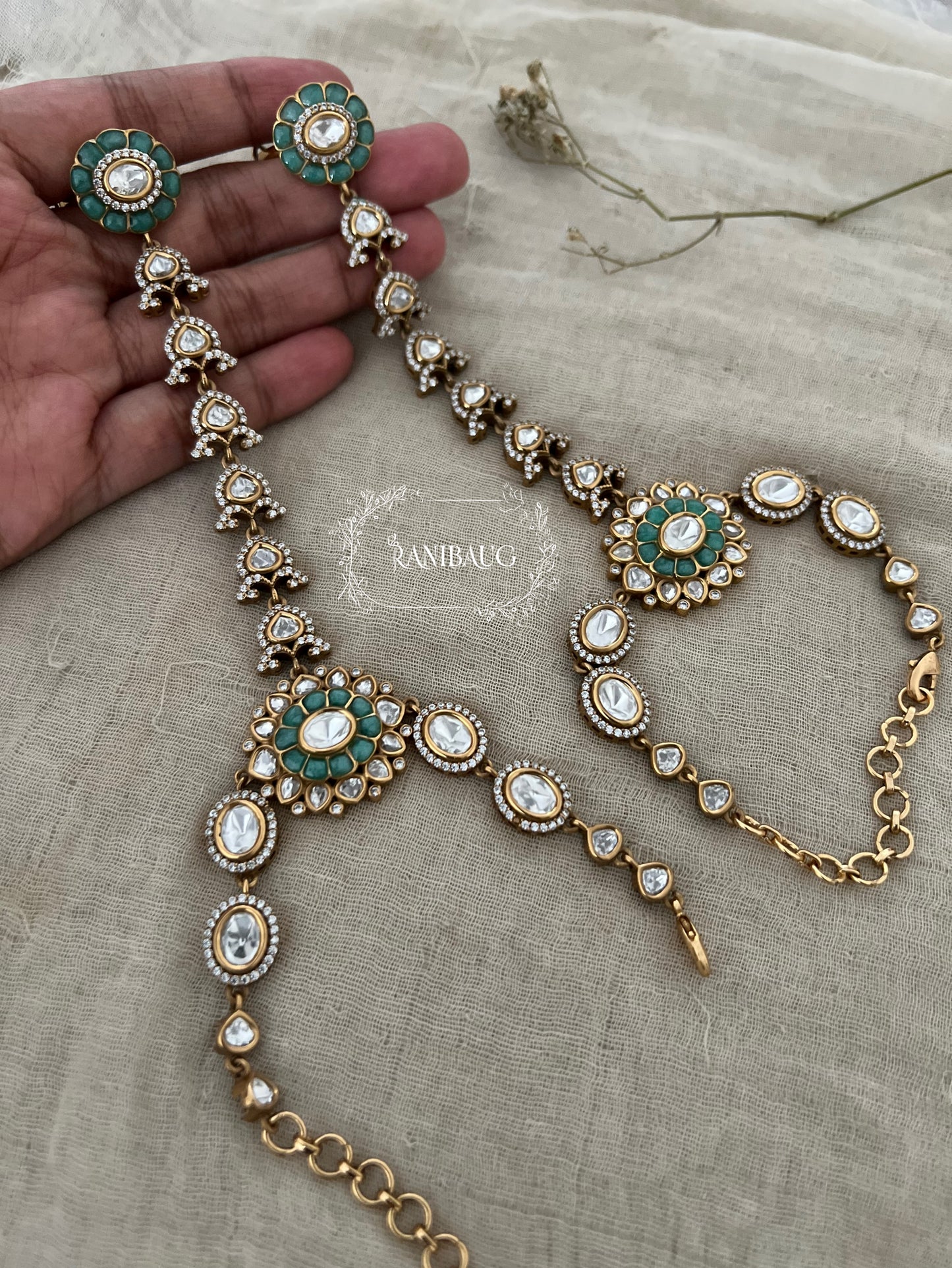 Bhavi Mossainite Polki Kundan Wedding Wear Premium Gold Finish Hathphool | Ranibaug