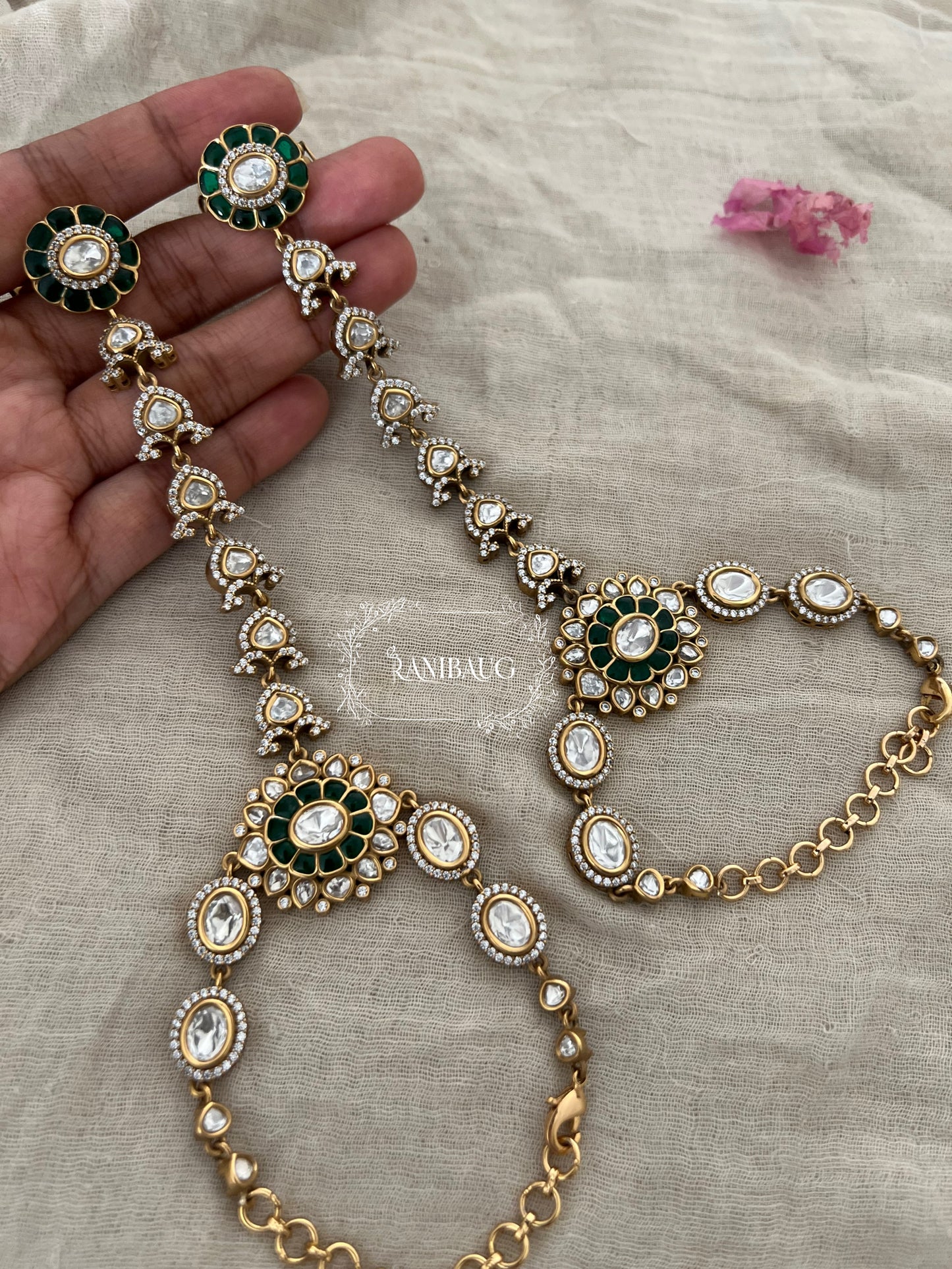 Bhavi Mossainite Polki Kundan Wedding Wear Premium Gold Finish Hathphool | Ranibaug