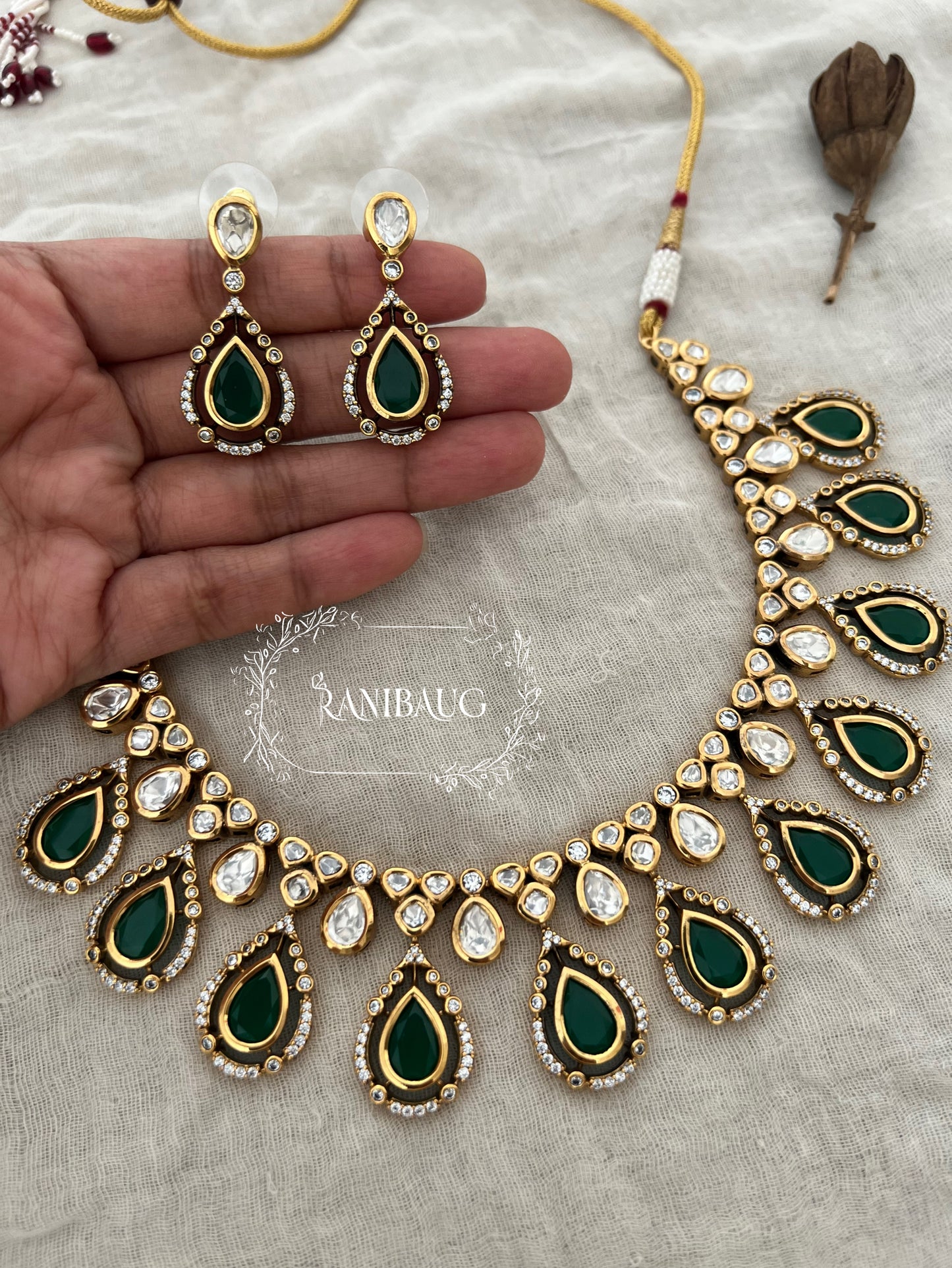 Bhavini Teardrop Kundan Gemstone Jewellery Set In Premium Gold Finish By Ranibaug