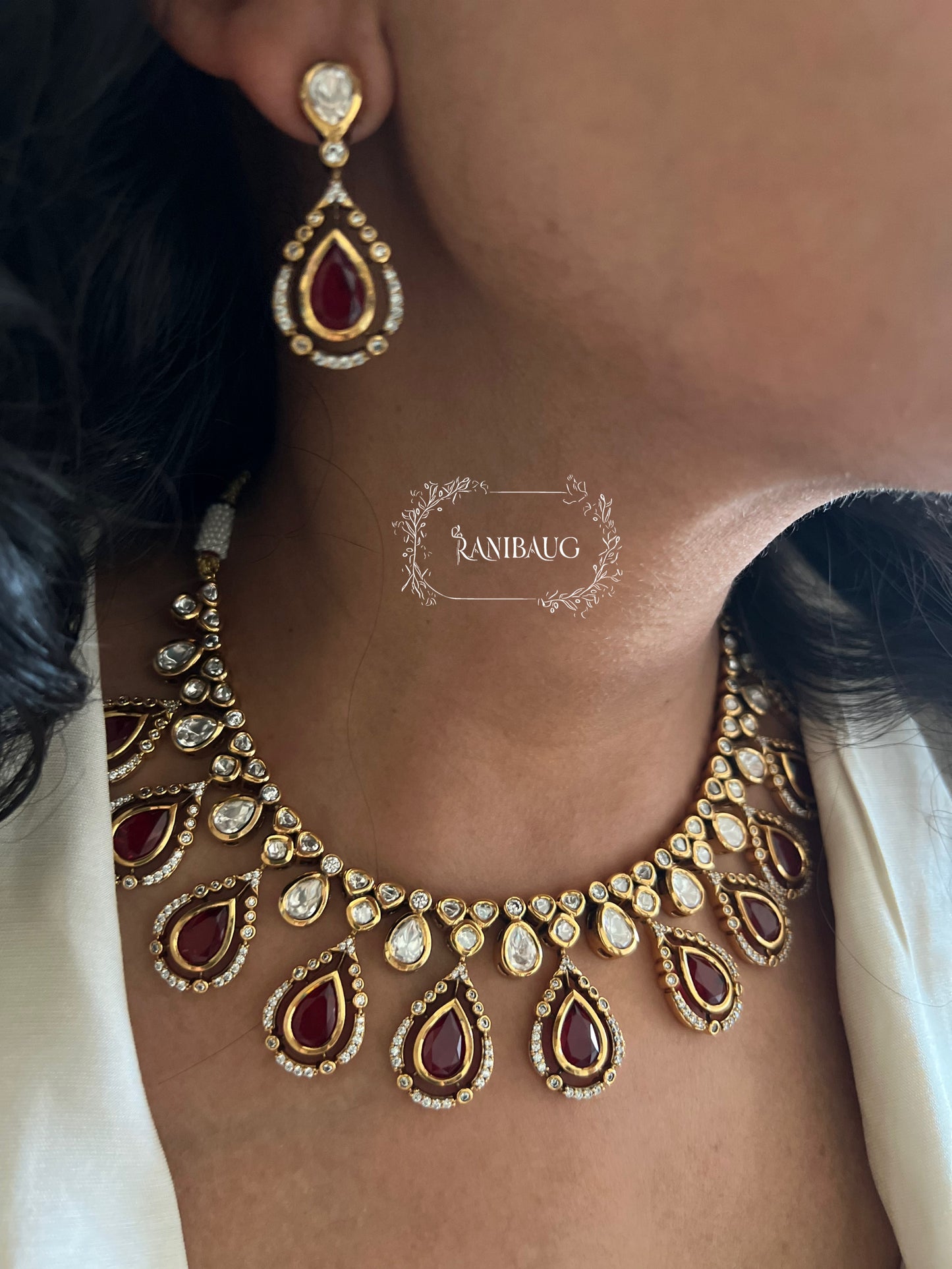 Bhavini Teardrop Kundan Gemstone Jewellery Set In Premium Gold Finish By Ranibaug