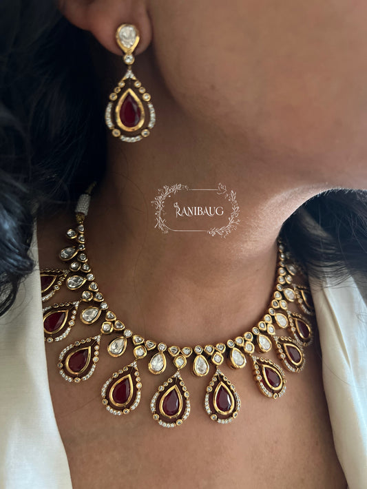 Bhavini Teardrop Kundan Gemstone Jewellery Set In Premium Gold Finish By Ranibaug