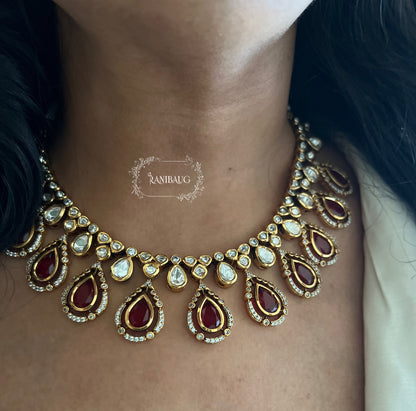 Bhavini Teardrop Kundan Gemstone Jewellery Set In Premium Gold Finish By Ranibaug