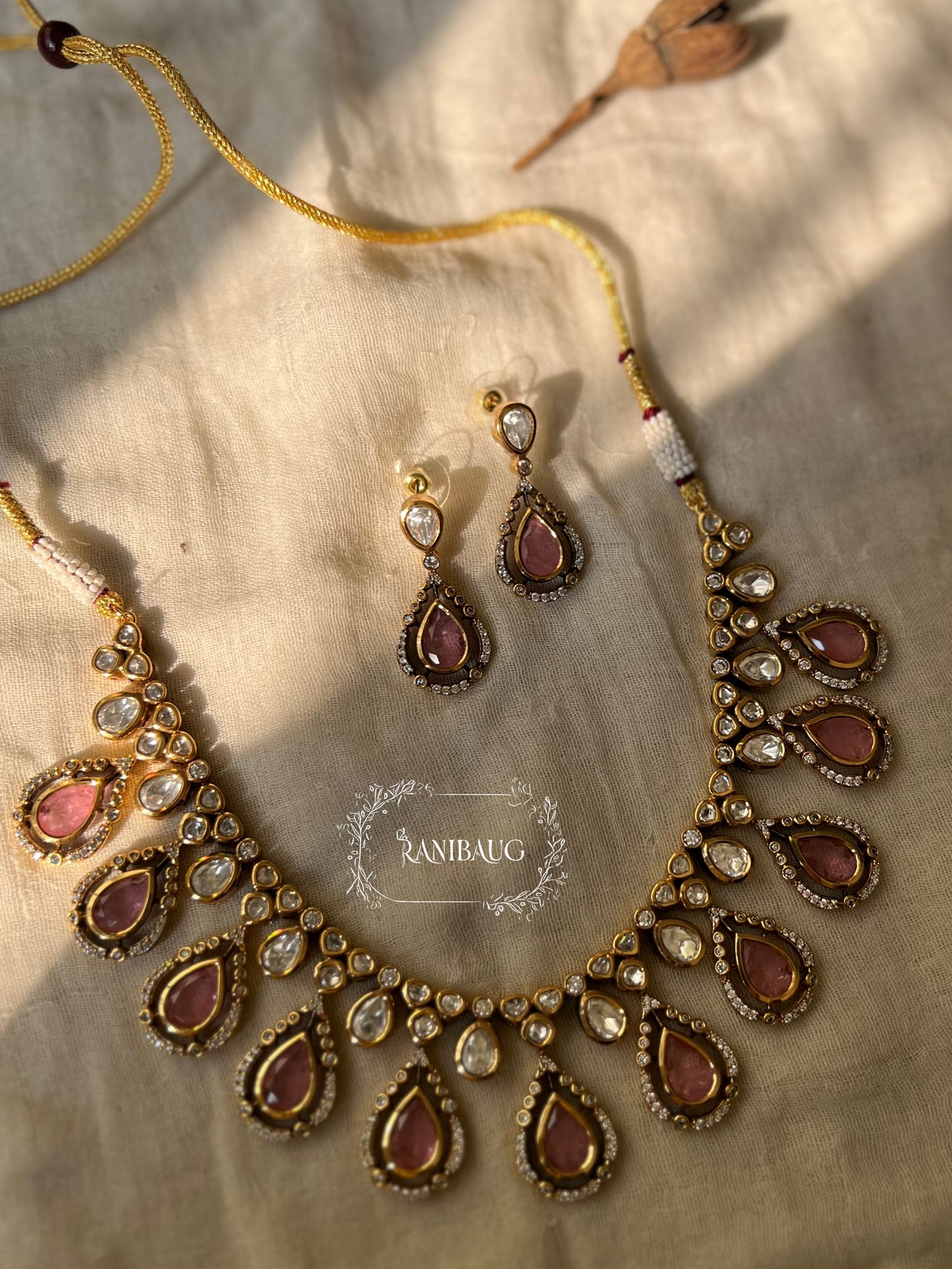 Bhavini Teardrop Kundan Gemstone Jewellery Set In Premium Gold Finish By Ranibaug