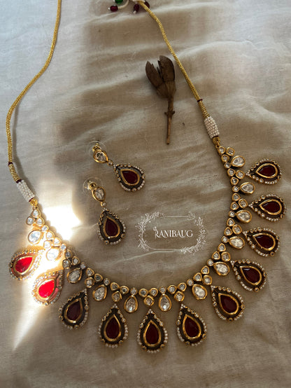Bhavini Teardrop Kundan Gemstone Jewellery Set In Premium Gold Finish By Ranibaug