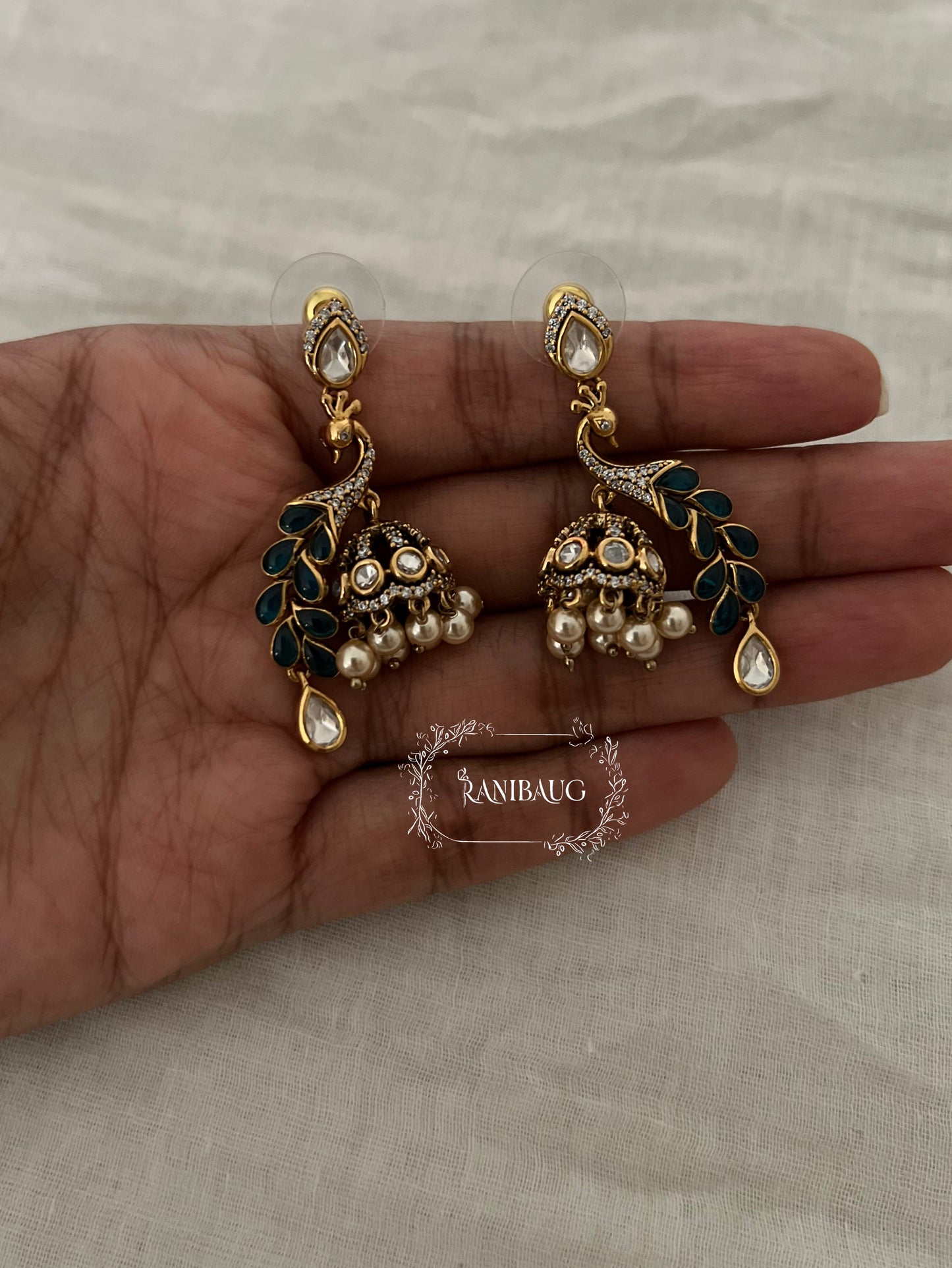 Peacock Polki Kundan Dangler Jhumka Earrings by Ranibaug