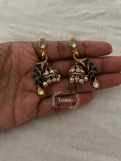 Peacock Polki Kundan Dangler Jhumka Earrings by Ranibaug