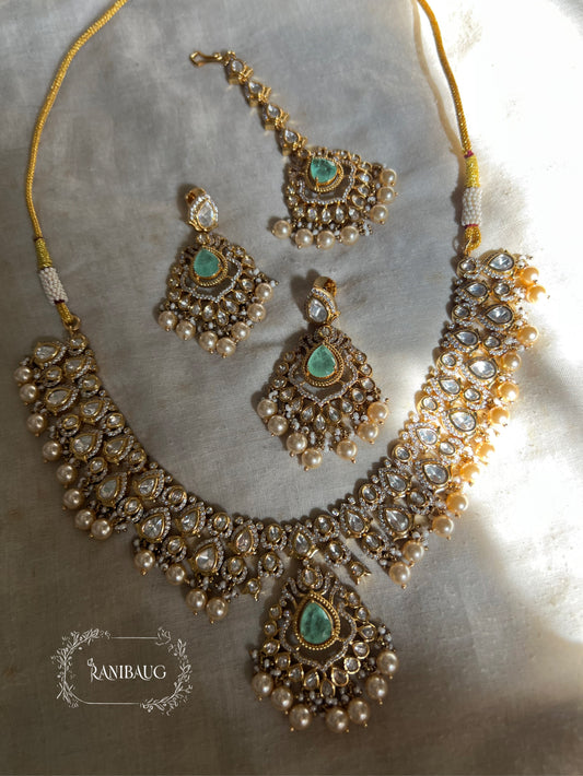 Aira Modern Traditional Minimal Mossainite Polki Adorned Necklace In Teardrop Motifs In Rich Gold Finish By Ranibaug