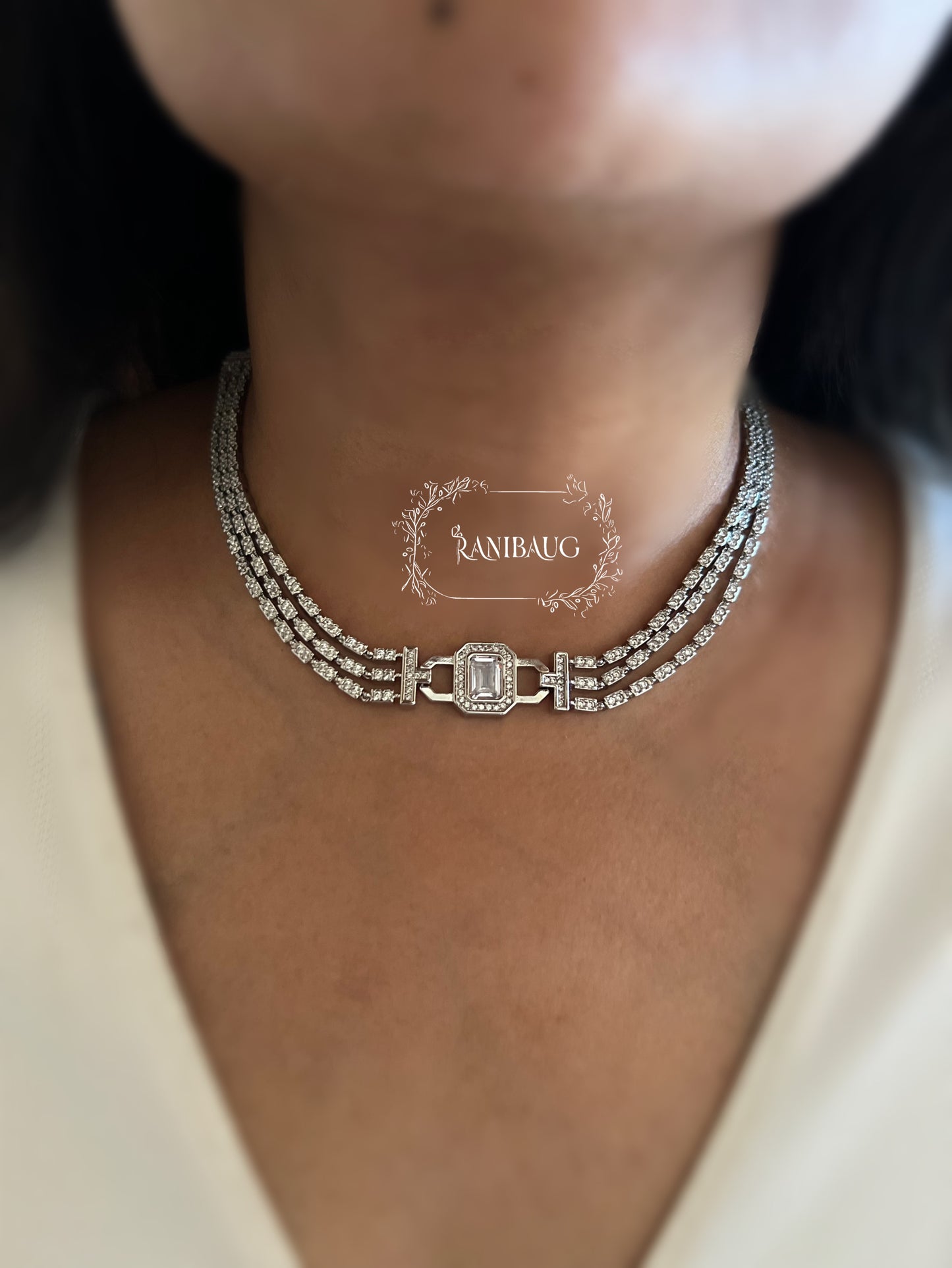 Celeste Diamond Silver Finish Designer Diamond Necklace Jewellery Set By Ranibaug