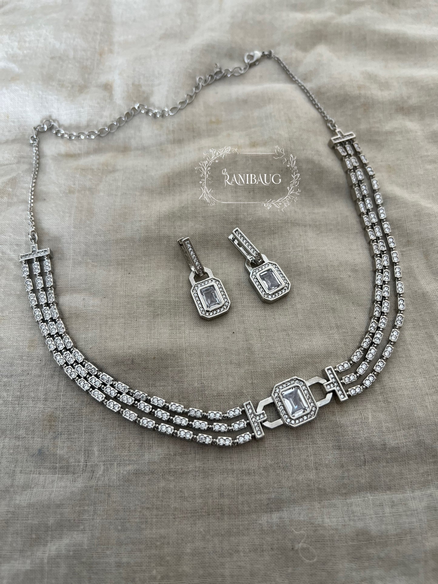 Celeste Diamond Silver Finish Designer Diamond Necklace Jewellery Set By Ranibaug