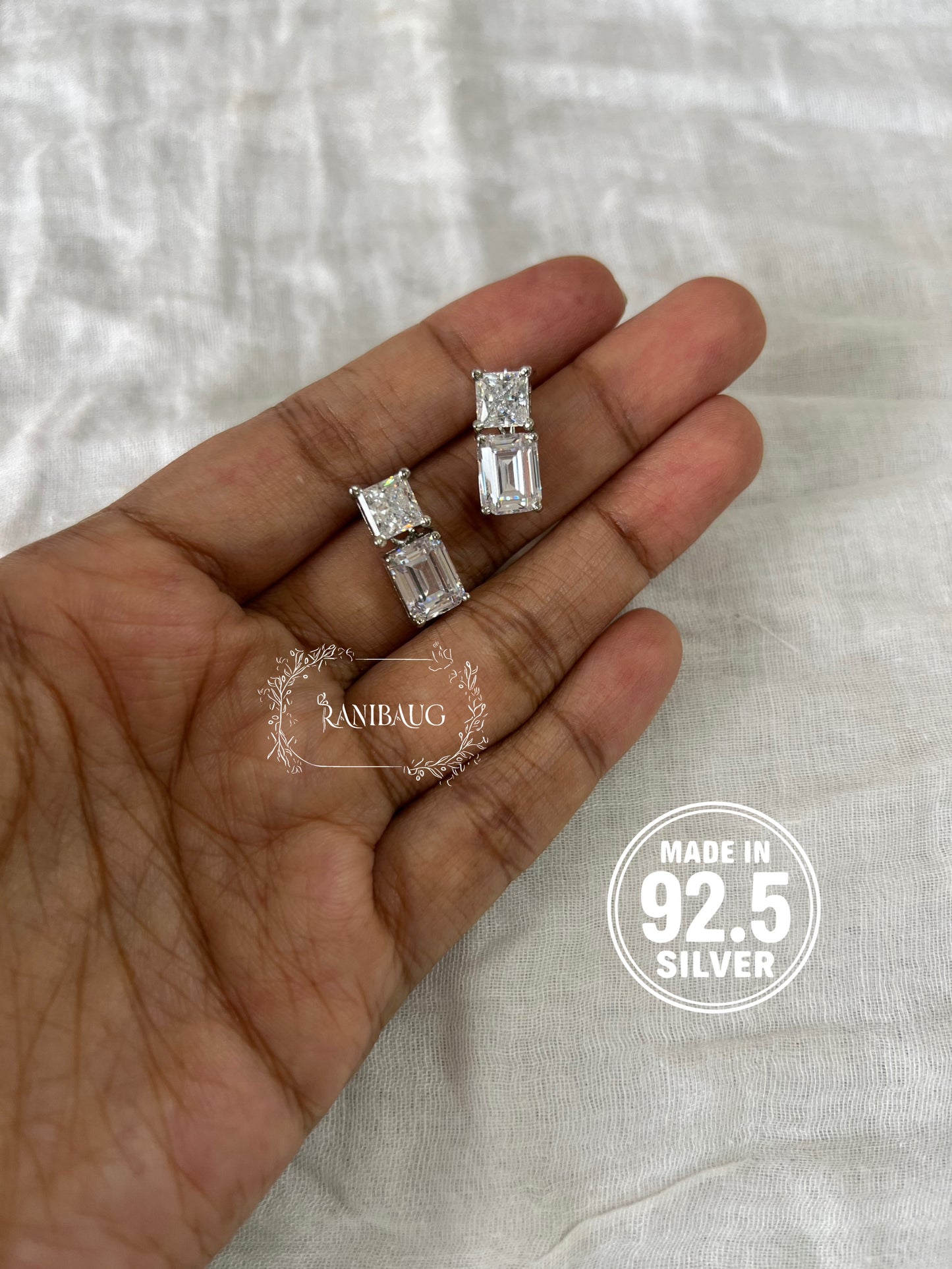 Celeste Emerald Cut 92.5 Silver Diamond Ear Studs By Ranibaug